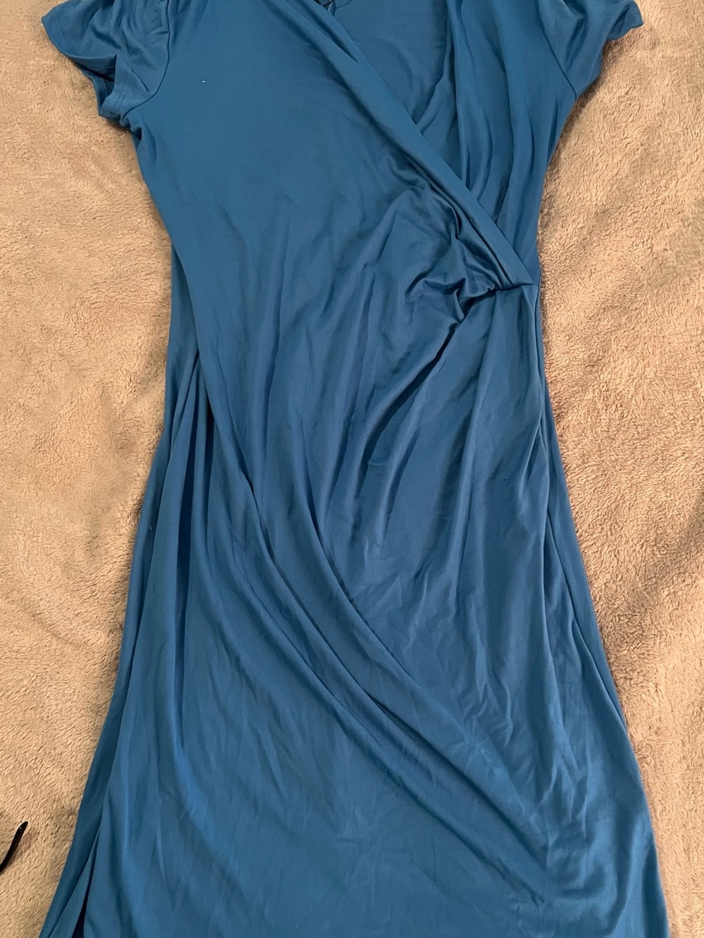24seven Blue Solid Wrap Midi Dress V-Neck Ruched Knit Stretch Short Sleeve S